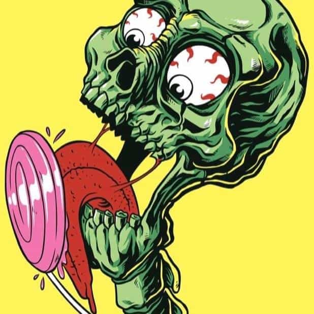 Illustration of a cartoonish green zombie character with oversized eyes and a protruding tongue, holding a pink circular object.