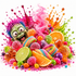 A vibrant, colorful pile of candy and fruit on a white background, featuring rainbow gummy candies, sugar-coated sweets, sliced orange, lime, and grapefruit, with a splatter of pink candy and a green zombie face peeking out behind the sweets.