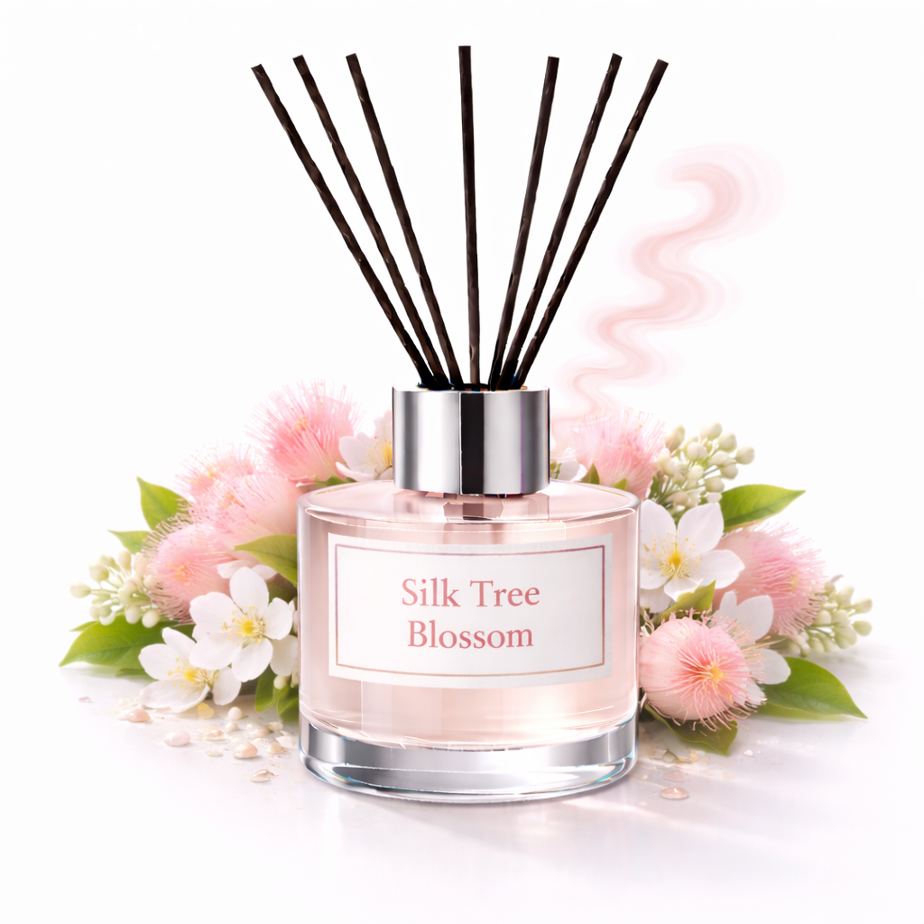Silk Tree Blossom Reed Diffuser Oil with pink flowers and leaves on a white background