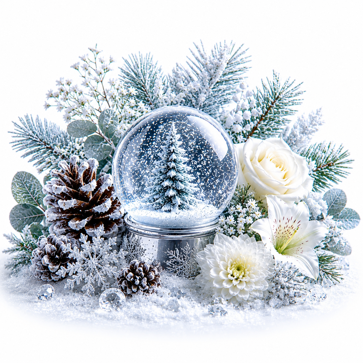 A festive white snow globe with a miniature evergreen tree inside, surrounded by frosted pine branches, eucalyptus leaves, pinecones, white roses, and daisies on a snowy white background.