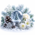 A festive white snow globe with a miniature evergreen tree inside, surrounded by frosted pine branches, eucalyptus leaves, pinecones, white roses, and daisies on a snowy white background.