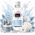 A bottle of Fizzy Whiz Snow Globe Fragrance Oil centered against a white background with a blue winter-themed graphic splash. The bottle has a white label with a snow globe illustration and is surrounded by decorative props including a snow globe, white roses, blue ornaments, and snowflake elements.
