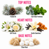 A fragrance notes graphic on a white background with pink headers reading TOP NOTES, HEART NOTES, and BASE NOTES. Top notes show frosted pine branches and a pinecone labeled Frosted Air, and mint leaves labeled Cool Clean Freshness.