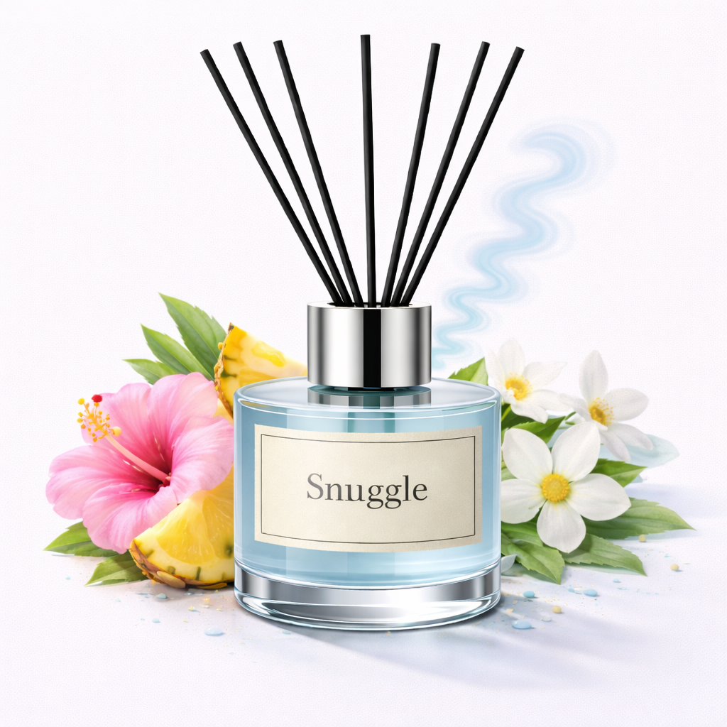 Diffuser with 'Snuggle' label surrounded by flowers on a light background