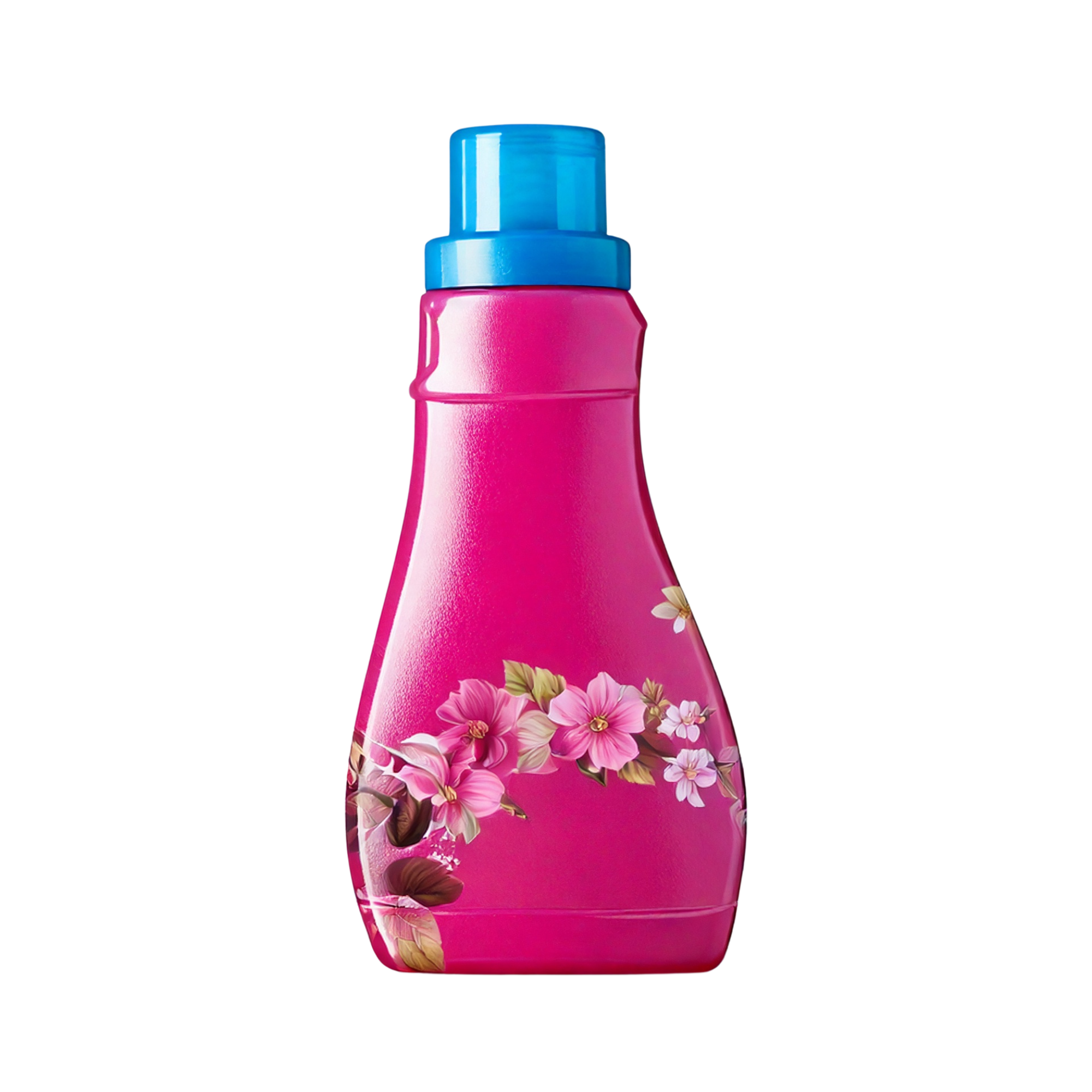 Pink fabric conditioner style bottle with a curved shape, blue cap, and delicate floral design on the front, displayed upright on a light background.