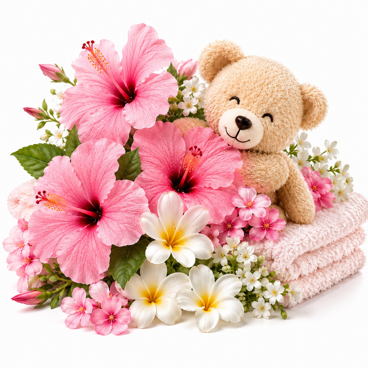 A plush teddy bear nestled among large pink hibiscus flowers, white plumeria, small pink blossoms, and folded pale pink towels on a clean white background.