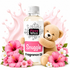 A bottle of Fizzy Whiz Snuggle Fragrance Oil centered on a white background, surrounded by pink hibiscus flowers, a small teddy bear, and pink liquid splash graphics. The label reads 'Fizzy Whiz' and 'Snuggle Fragrance Oil.