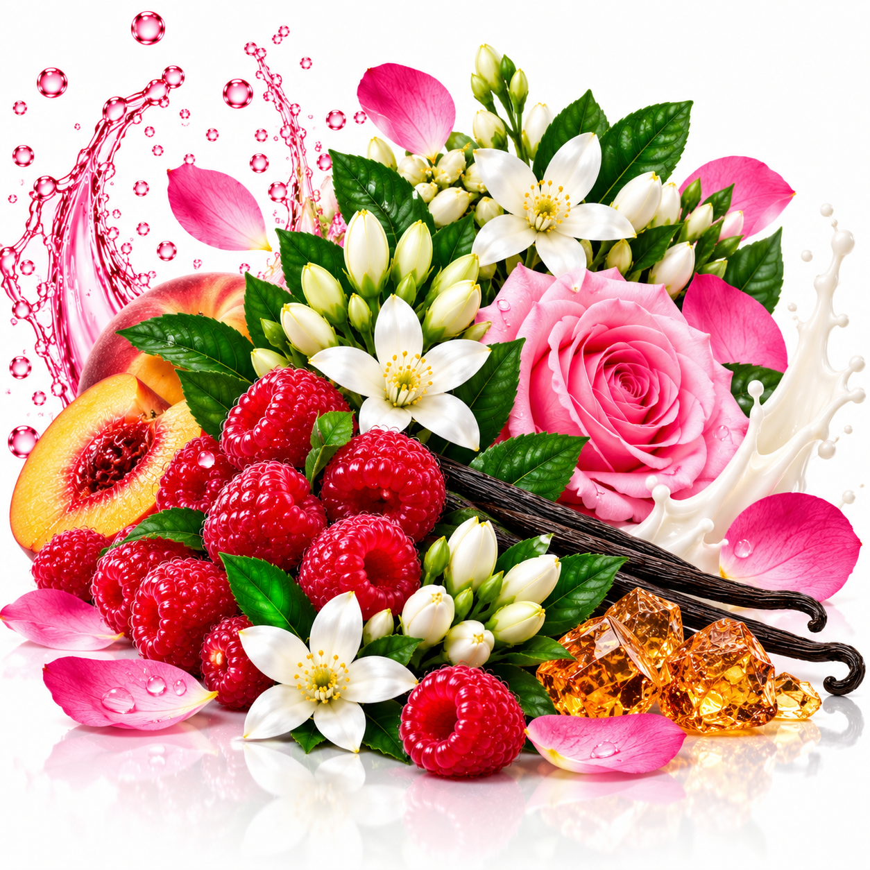 A stylized fruit and flower arrangement on a white background, featuring pink raspberries, a pink rose, white blossoms, peach slices, vanilla beans, pink petals, and amber crystal-like pieces, with pink liquid splashes and leaves around it.