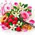 A stylized fruit and flower arrangement on a white background, featuring pink raspberries, a pink rose, white blossoms, peach slices, vanilla beans, pink petals, and amber crystal-like pieces, with pink liquid splashes and leaves around it.