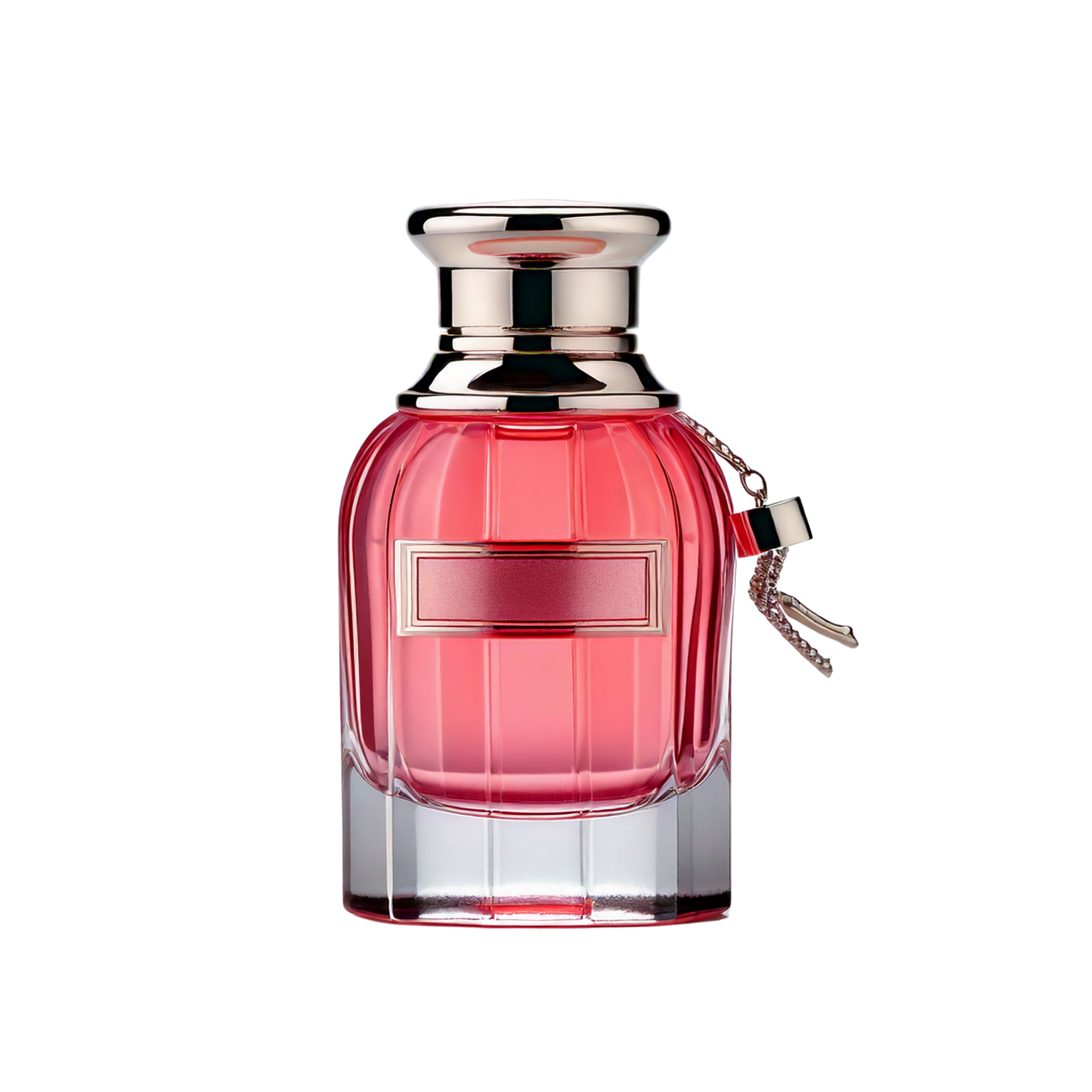 Pink glass perfume-style bottle with a rounded shape, silver collar, and small decorative charm, shown upright on a light background.