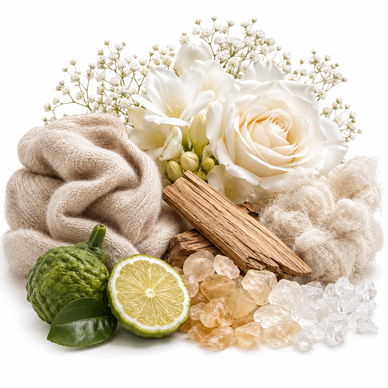 A styled arrangement of spa-like natural elements on a white background: a beige knit scarf, white flowers, a rose, baby's breath, a green kumquat fruit, a lime slice, amber crystal stones, and a piece of wood.