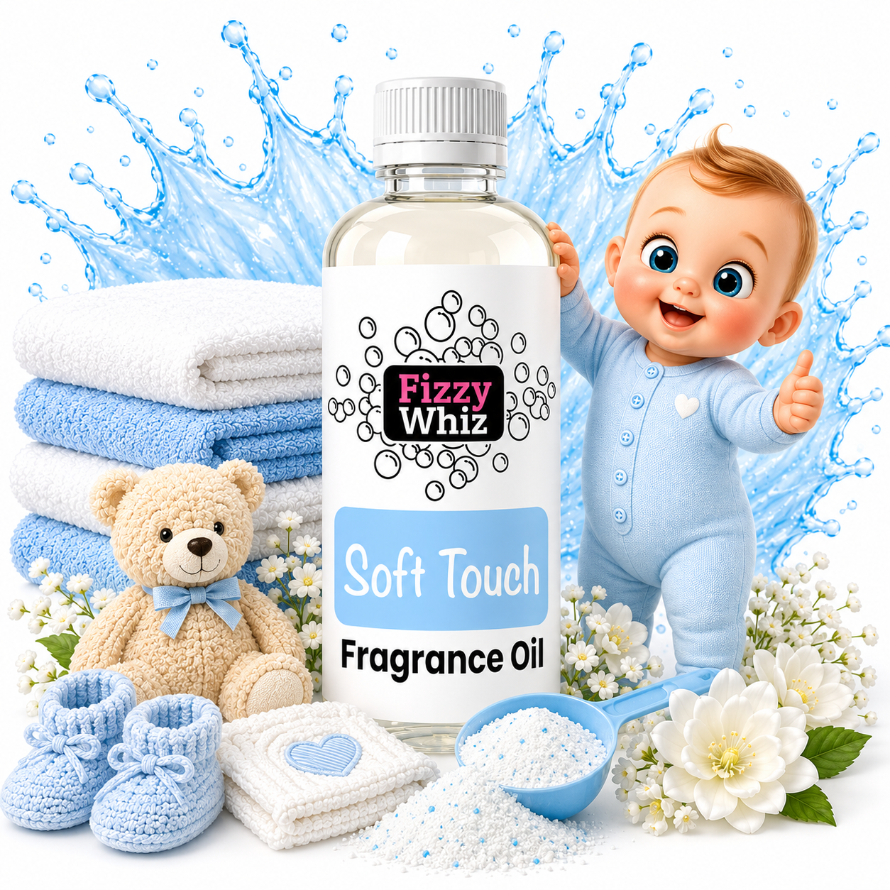 A bottle of Fizzy Whiz Soft Touch Fragrance Oil centered in a styled baby-themed scene with a baby figure, folded blue towels, a teddy bear, blue booties, flowers, and fragrance oil crystals on a white background with a blue splash graphic.