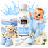 A bottle of Fizzy Whiz Soft Touch Fragrance Oil centered in a styled baby-themed scene with a baby figure, folded blue towels, a teddy bear, blue booties, flowers, and fragrance oil crystals on a white background with a blue splash graphic.