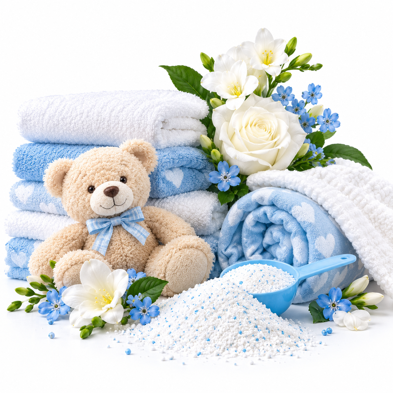 A styled product arrangement on a white background featuring folded and rolled white and light blue towels, a beige teddy bear with a blue bow, white and blue flowers, a blue scoop, and a pile of white bath or body beads with light blue specks.