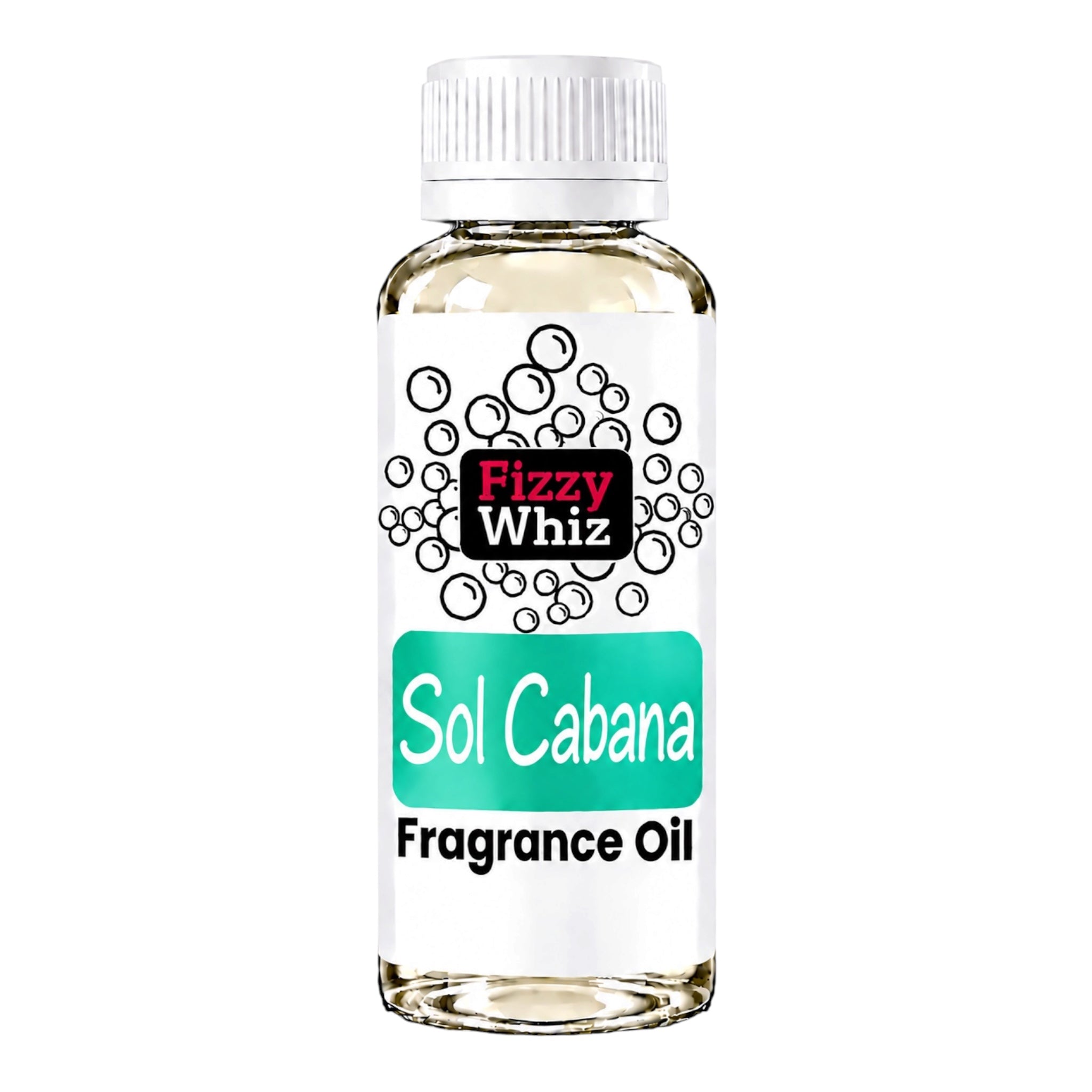 A bottle of Fizzy Whiz Sol Cabana Fragrance Oil on a solid white background. The bottle is made of clear glass, showing the pale yellow liquid inside, and has a white screw cap and a white label with black and teal graphics.
