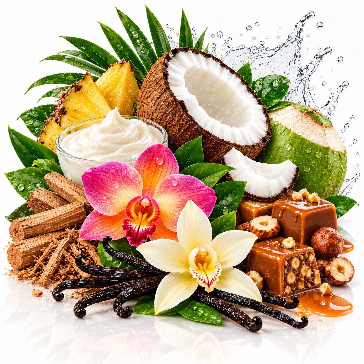 A styled arrangement of tropical and vanilla ingredients on a white reflective surface: a halved coconut, a whole green coconut, pineapple, vanilla beans, orchid flowers, cinnamon sticks, nuts, and caramel pieces, with a small bowl of white cream and a splash graphic in the background.