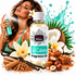 A bottle of Fizzy Whiz Sol Cabana Fragrance Oil centered on a white background, surrounded by ingredients and props including a woman spraying a perfume bottle, white flowers, vanilla beans, wood pieces, caramel pieces, and nuts. The bottle label clearly shows the brand Fizzy Whiz and the scent Sol Cabana.