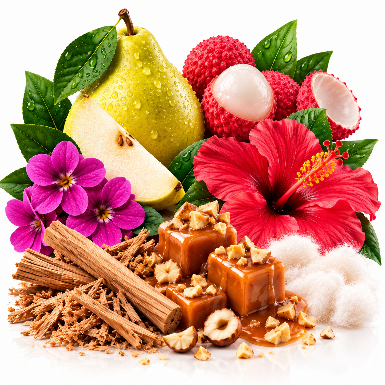 A styled arrangement of tropical and fruit-forward ingredients and sweets on a white background: a green pear, sliced pear, red lychee fruits, a red hibiscus flower, pink flowers, cinnamon sticks, brown sugar cubes with chopped nuts, and white cotton candy.