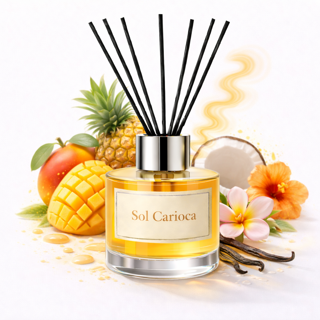 Reed diffuser labeled 'Sol Carioca' with pineapple, mango, and vanilla beans on a white background