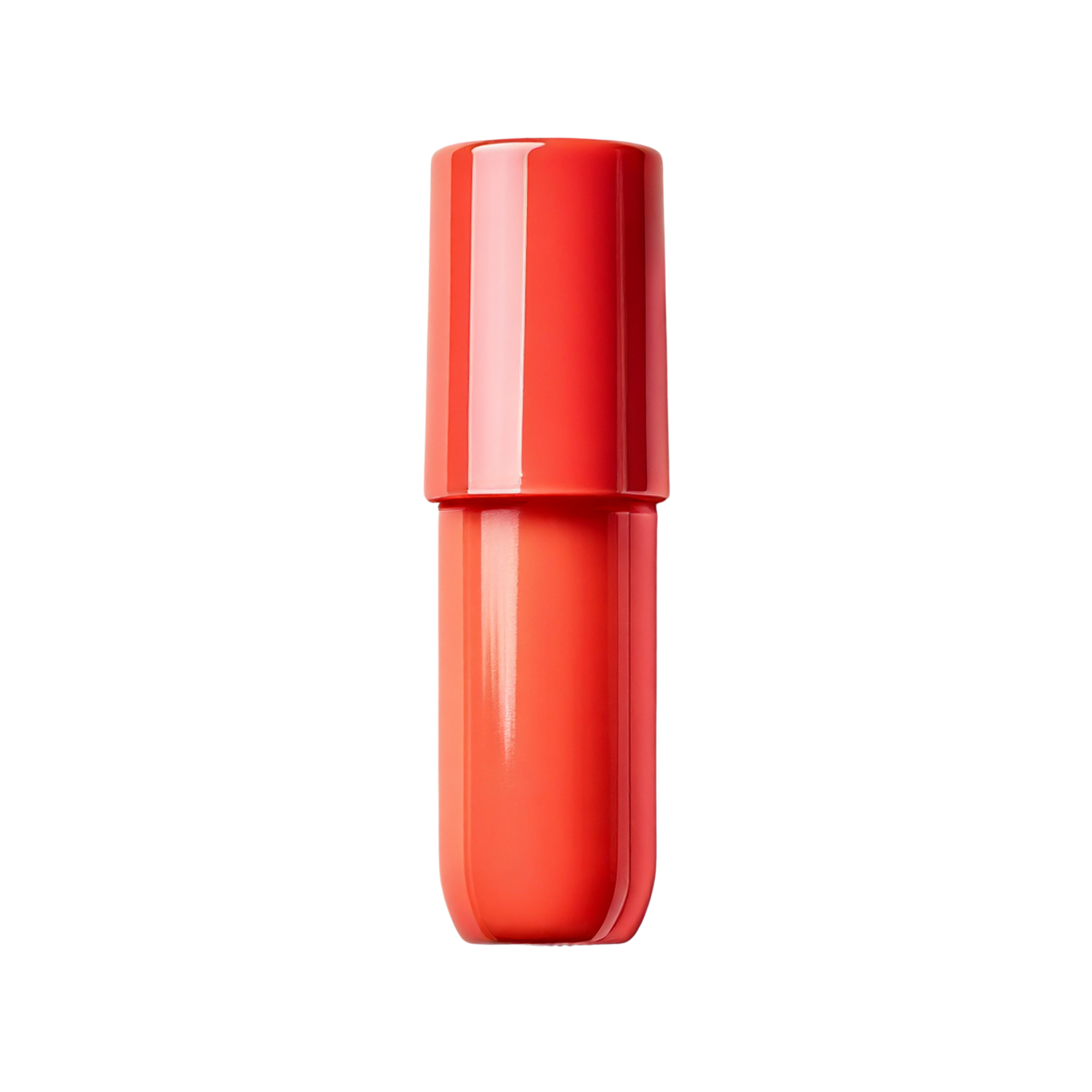 Red cylindrical cosmetic bottle with matching cap, displayed upright on a light background.