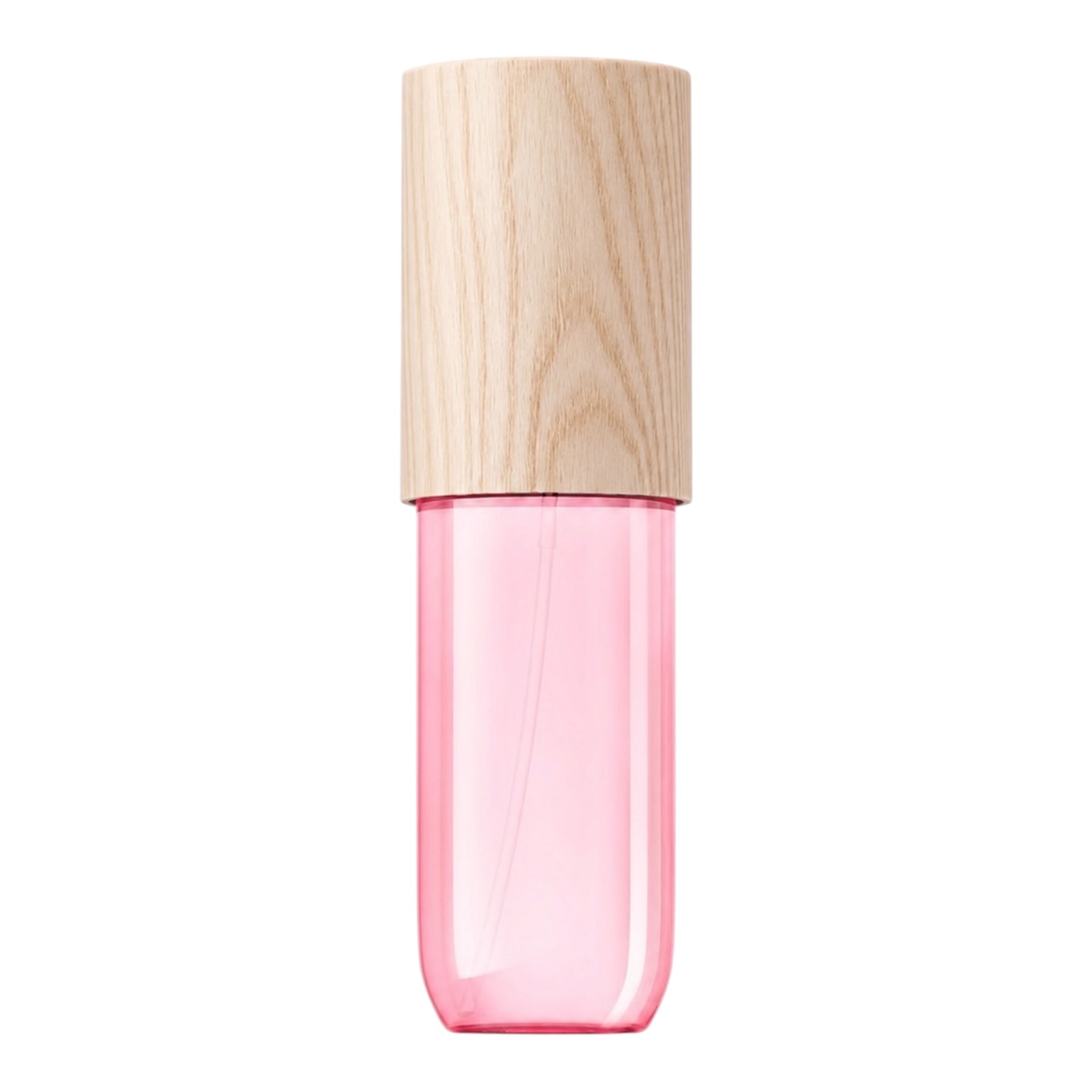 A pink translucent cosmetic bottle with a light natural wood grain cap, shown against a solid white background.