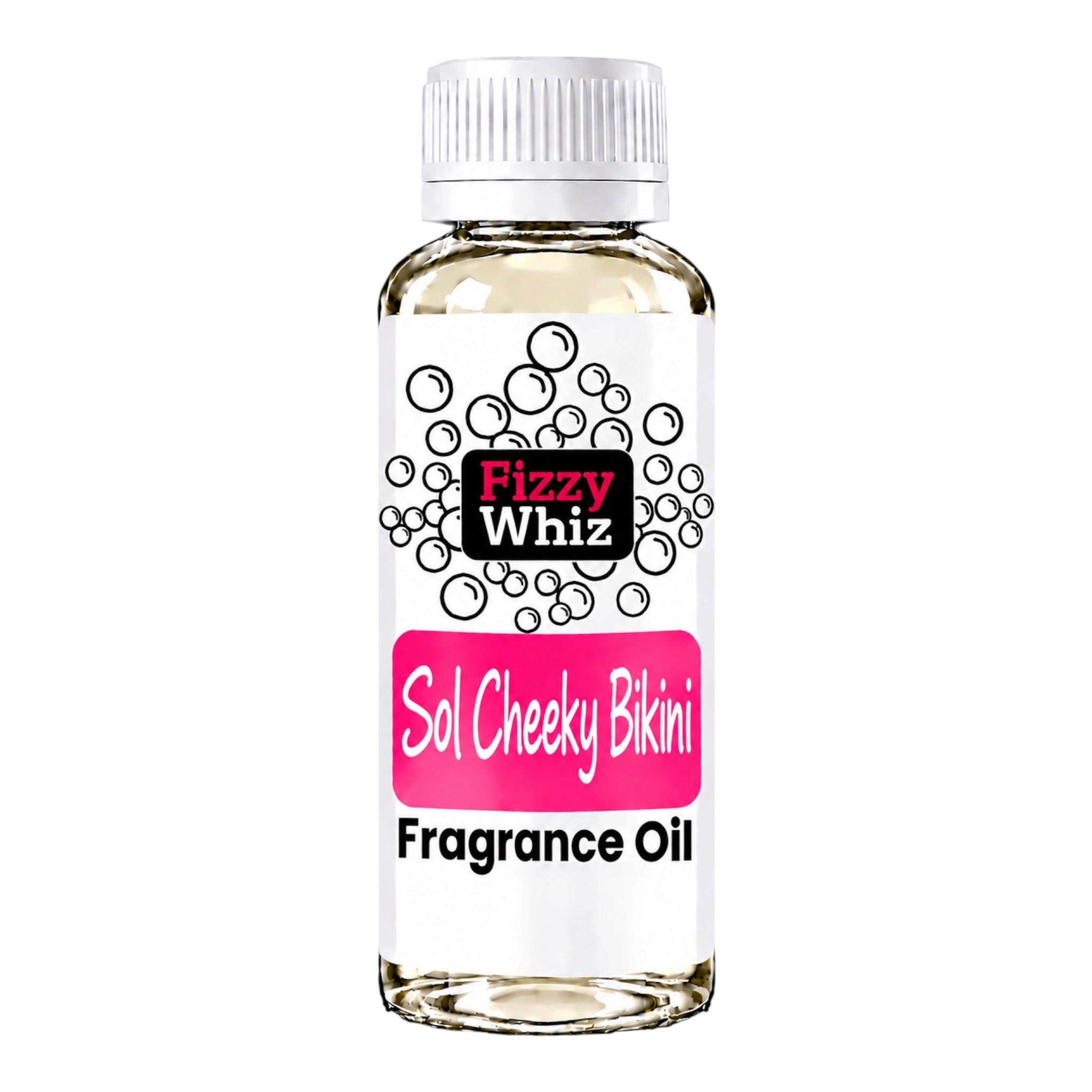 A bottle of Fizzy Whiz Sol Summer Fragrance Oil on a solid white background. The bottle is made of clear glass showing a light yellow liquid inside, topped with a white ribbed cap and a white label featuring pink and black graphics.