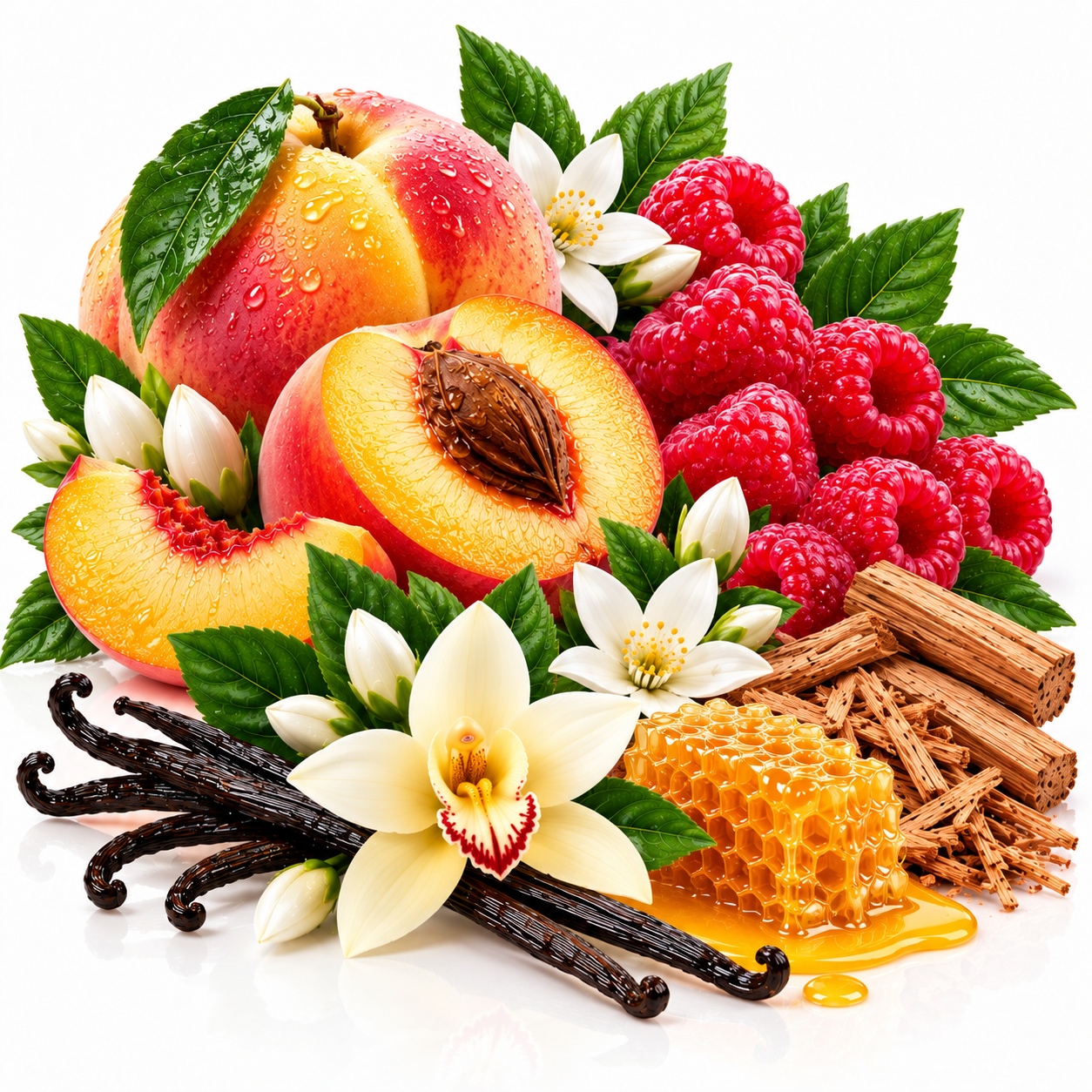 A styled arrangement of peach halves, whole peaches, red raspberries, white flowers, vanilla beans, cinnamon sticks, honeycomb, and honey on a clean white background.