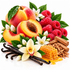 A styled arrangement of peach halves, whole peaches, red raspberries, white flowers, vanilla beans, cinnamon sticks, honeycomb, and honey on a clean white background.