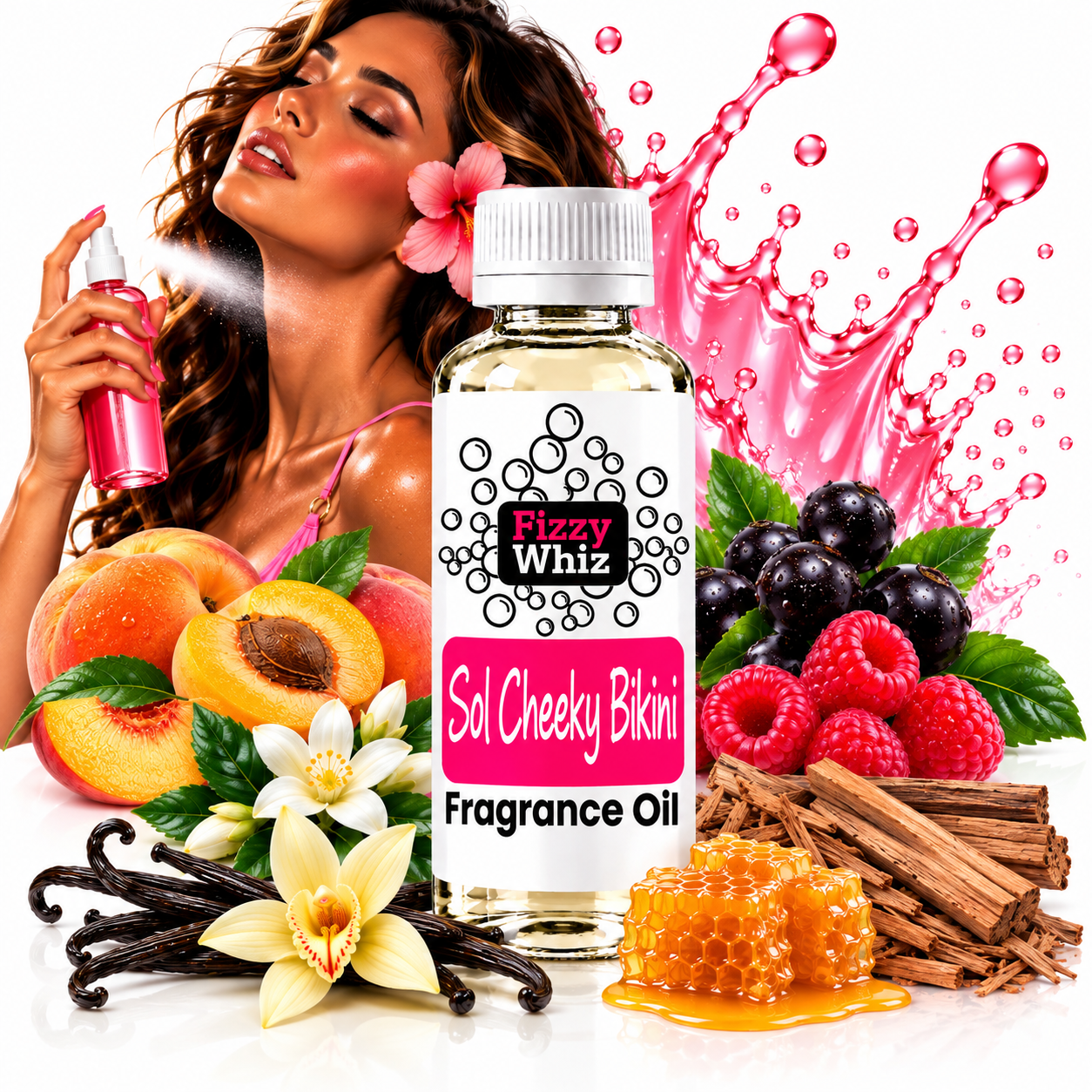 A bottle of Fizzy Whiz Sol Cheeky Bikini Fragrance Oil centered on a white background, surrounded by fruit, flowers, honey, cinnamon, and a woman holding a pink spray bottle. The label reads 'Fizzy Whiz' and 'Sol Cheeky Bikini Fragrance Oil'.