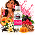 A bottle of Fizzy Whiz Sol Cheeky Bikini Fragrance Oil centered on a white background, surrounded by fruit, flowers, honey, cinnamon, and a woman holding a pink spray bottle. The label reads 'Fizzy Whiz' and 'Sol Cheeky Bikini Fragrance Oil'.
