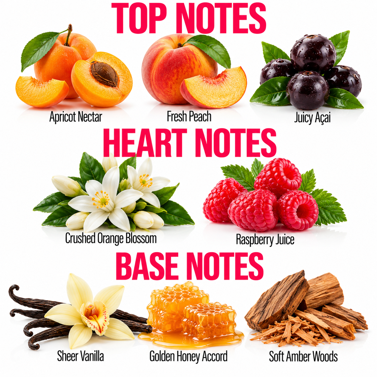 A fragrance notes graphic with the headings TOP NOTES, HEART NOTES, and BASE NOTES. The top notes include apricot nectar, fresh peach, and juicy acai, shown with fruit photos.