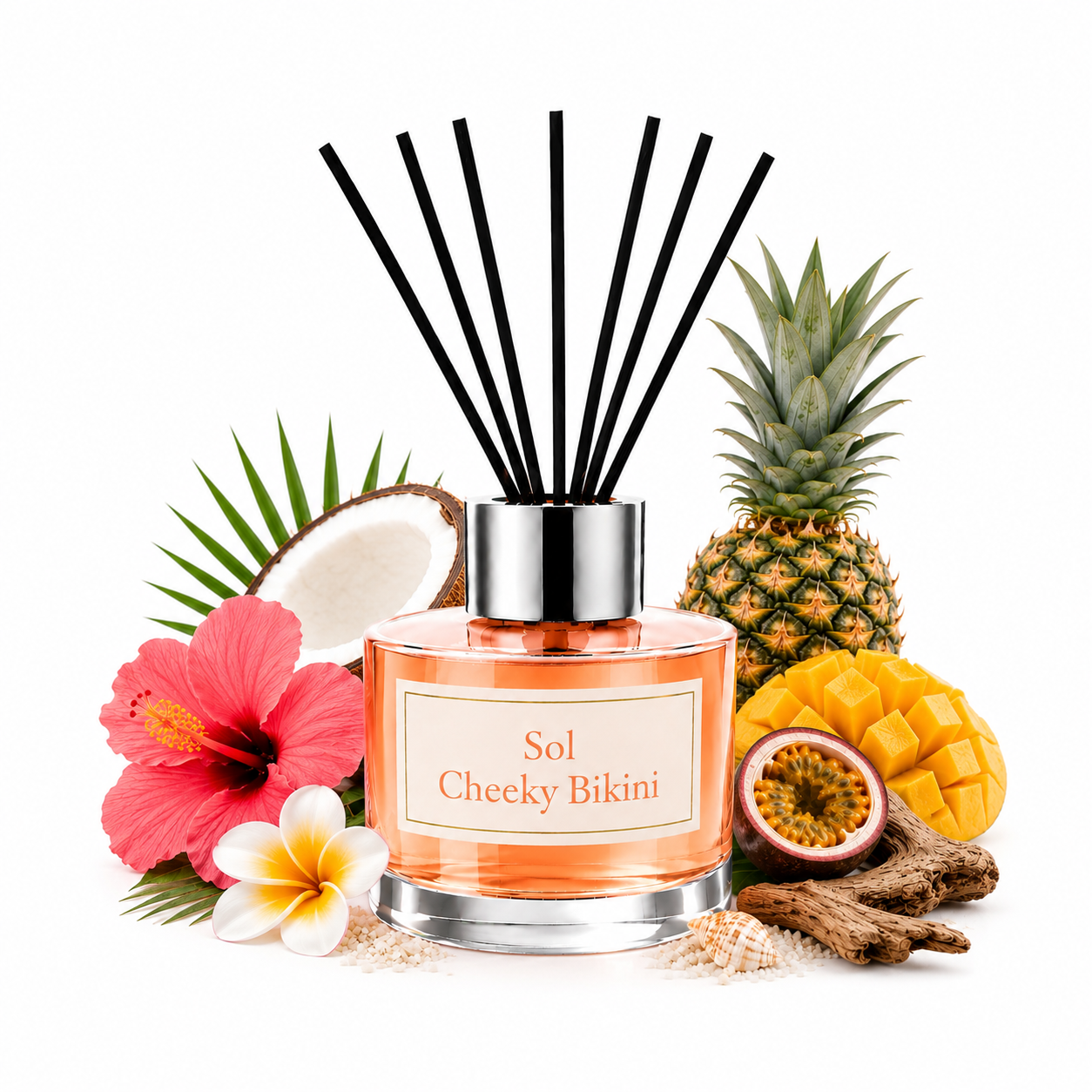 A reed diffuser bottle with black reeds, labeled 'Sol Cheeky Bikini,' surrounded by tropical fruit and flowers including pineapple, mango, passion fruit, hibiscus, plumeria, coconut, and ginger on a white background.