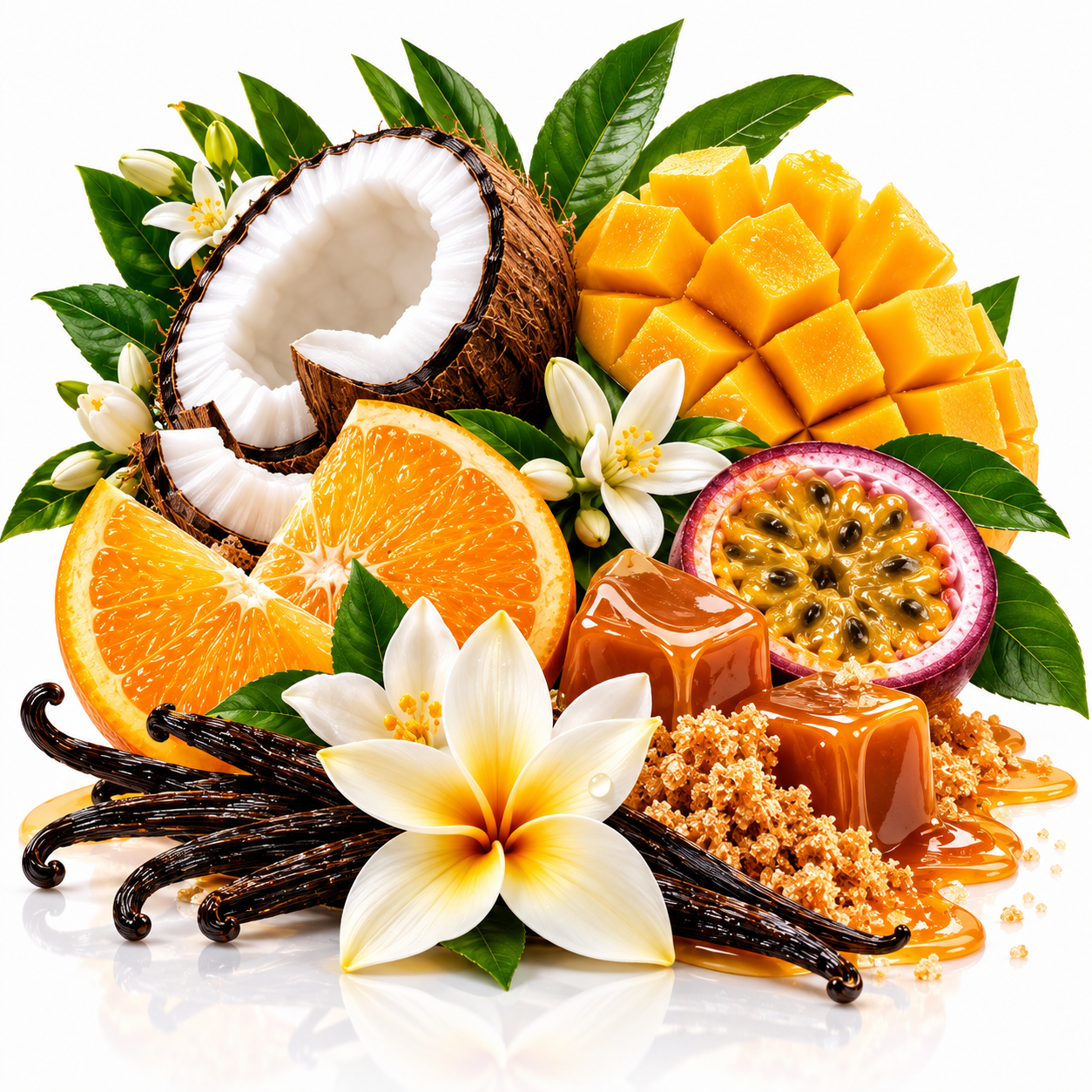 A vibrant fruit and spice blend featuring sliced oranges, a halved coconut, cubed mango, a passion fruit, vanilla beans, brown sugar, caramel drizzle, and a white plumeria flower on a white background.