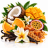 A vibrant fruit and spice blend featuring sliced oranges, a halved coconut, cubed mango, a passion fruit, vanilla beans, brown sugar, caramel drizzle, and a white plumeria flower on a white background.