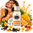 A bottle of Fizzy Whiz Sol Crush Fragrance Oil centered in a vibrant promotional composition with a woman spraying a matching bottle, surrounded by tropical fruits, flowers, vanilla beans, and golden liquid splashes on a white background.