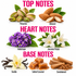 A fragrance notes graphic on a white background with pink text reading TOP NOTES, HEART NOTES, and BASE NOTES. Top notes include pistachio, almond, heliotrope flowers, and jasmine petals.