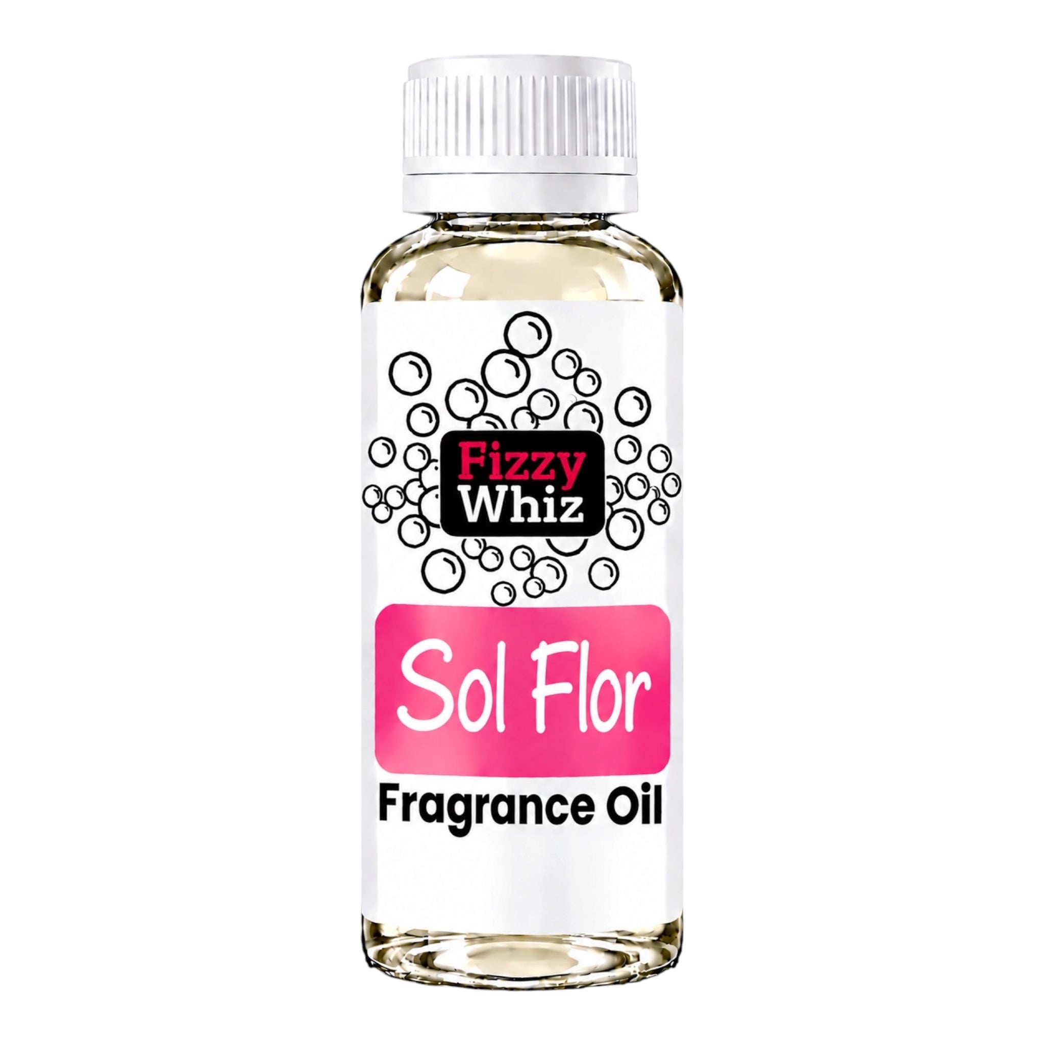 A bottle of Fizzy Whiz Sol Flor Fragrance Oil on a solid white background. The bottle is made of clear glass showing a light yellow liquid inside, topped with a white ribbed cap and a white label featuring black and pink graphics.