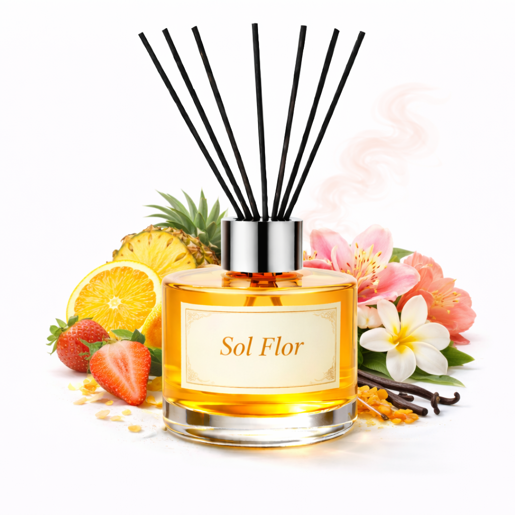 Reed diffuser labeled 'Sol Flor' with fruits, flowers, and vanilla beans on a white background