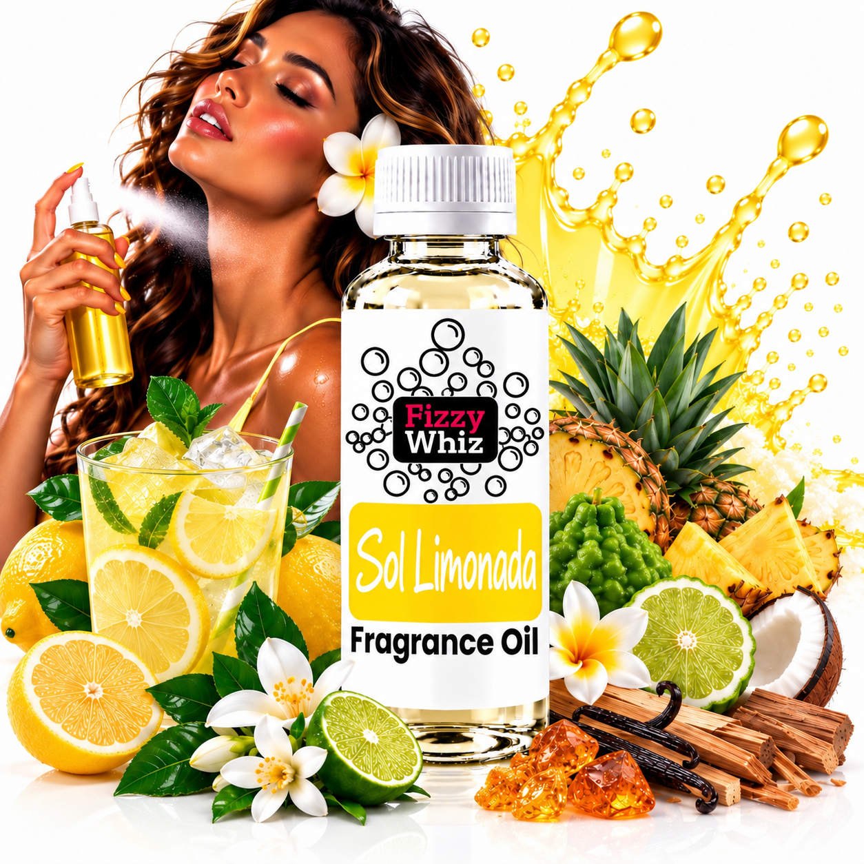 A bottle of Fizzy Whiz Sol Limonada Fragrance Oil centered on a white background, surrounded by citrus fruits, lemons, limes, pineapple, flowers, and spices. A woman holding a spray bottle appears on the left, and yellow liquid splashes decorate the scene.