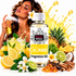 A bottle of Fizzy Whiz Sol Limonada Fragrance Oil centered on a white background, surrounded by citrus fruits, lemons, limes, pineapple, flowers, and spices. A woman holding a spray bottle appears on the left, and yellow liquid splashes decorate the scene.