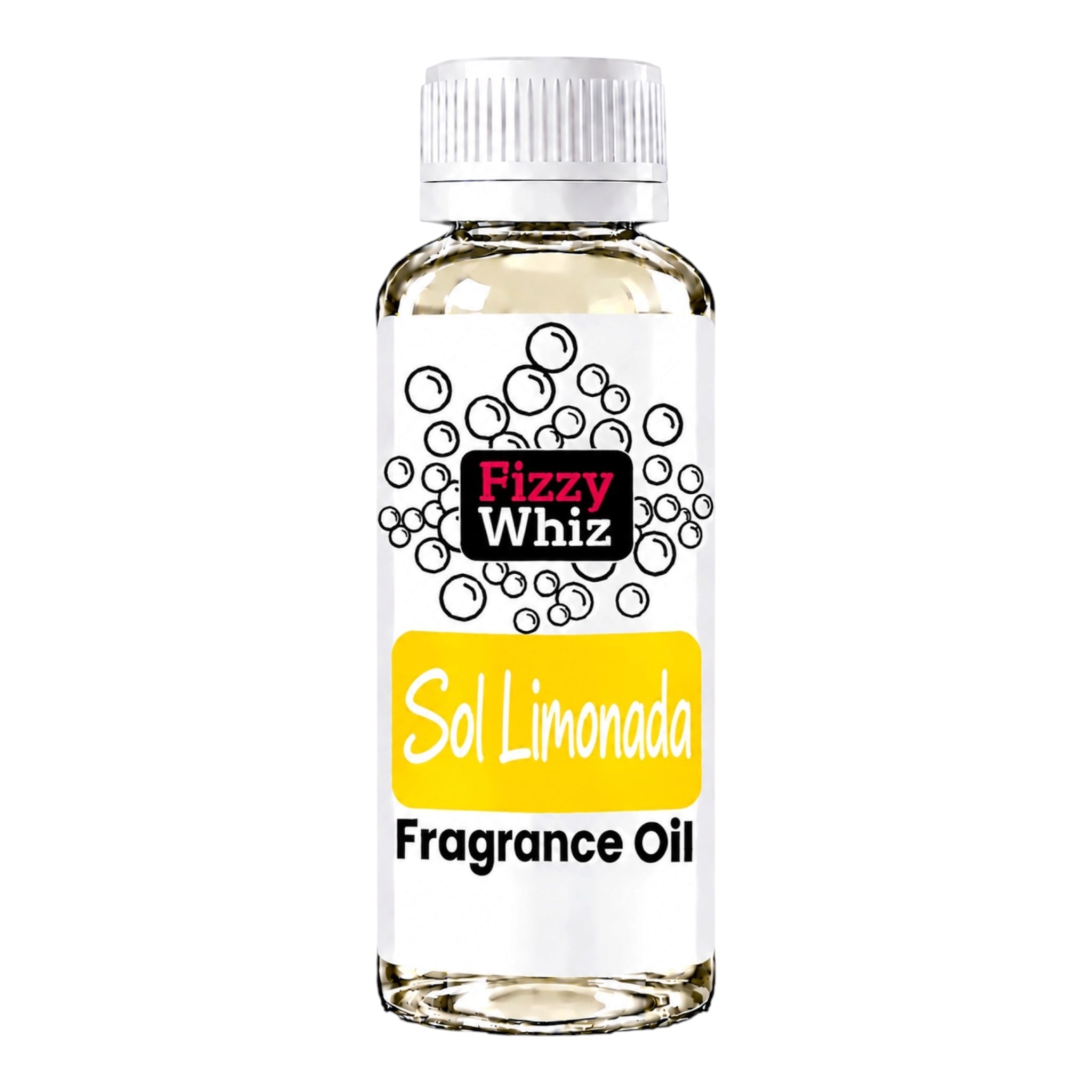 A bottle of Fizzy Whiz Sol Limonada Fragrance Oil on a solid white background. The bottle is made of clear glass, showing the pale yellow liquid inside, and has a white ribbed cap and a white label with black and yellow text.
