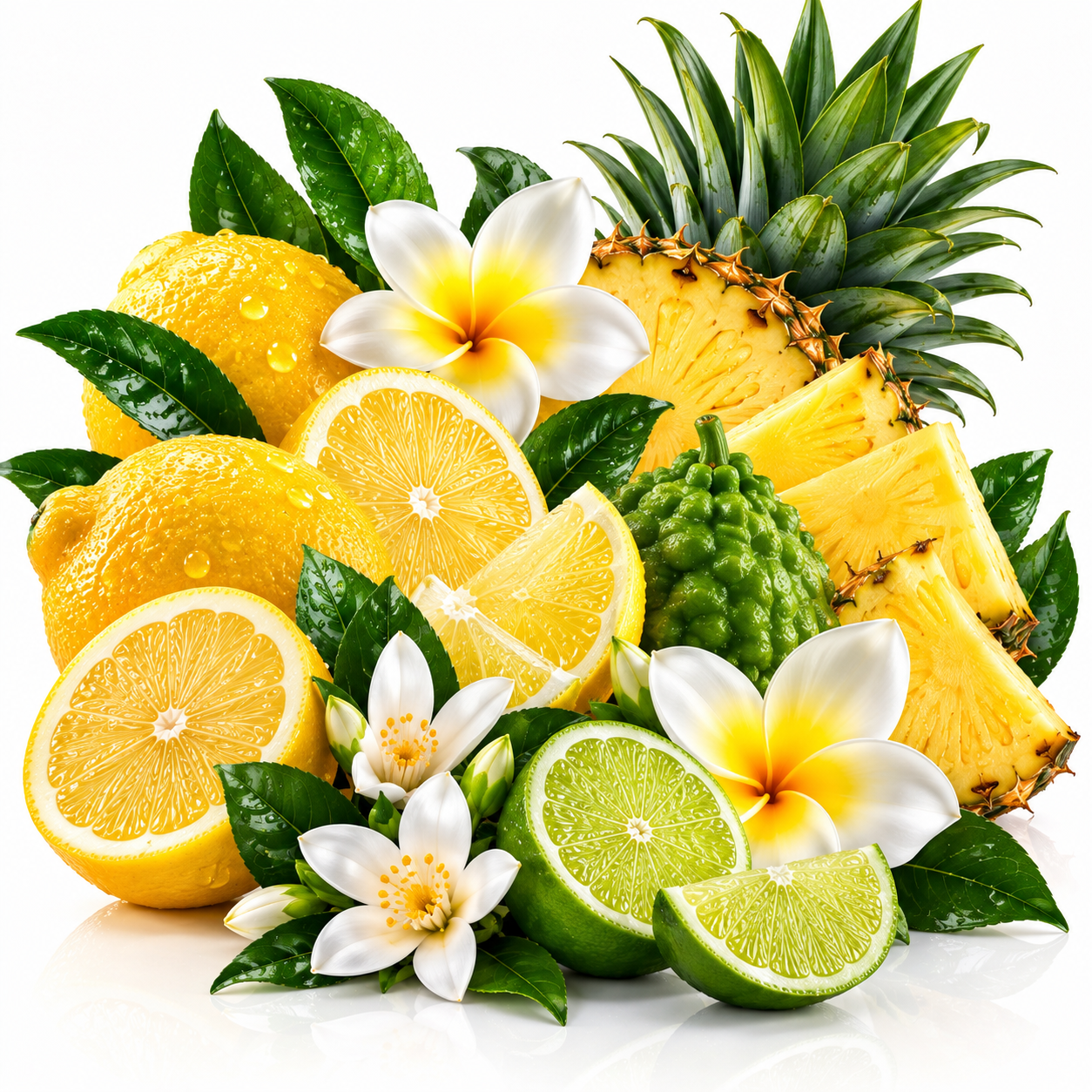 A vibrant fruit arrangement on a white background featuring whole and sliced pineapples, lemons, limes, a green custard apple, and white plumeria flowers with yellow centers.