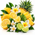 A vibrant fruit arrangement on a white background featuring whole and sliced pineapples, lemons, limes, a green custard apple, and white plumeria flowers with yellow centers.