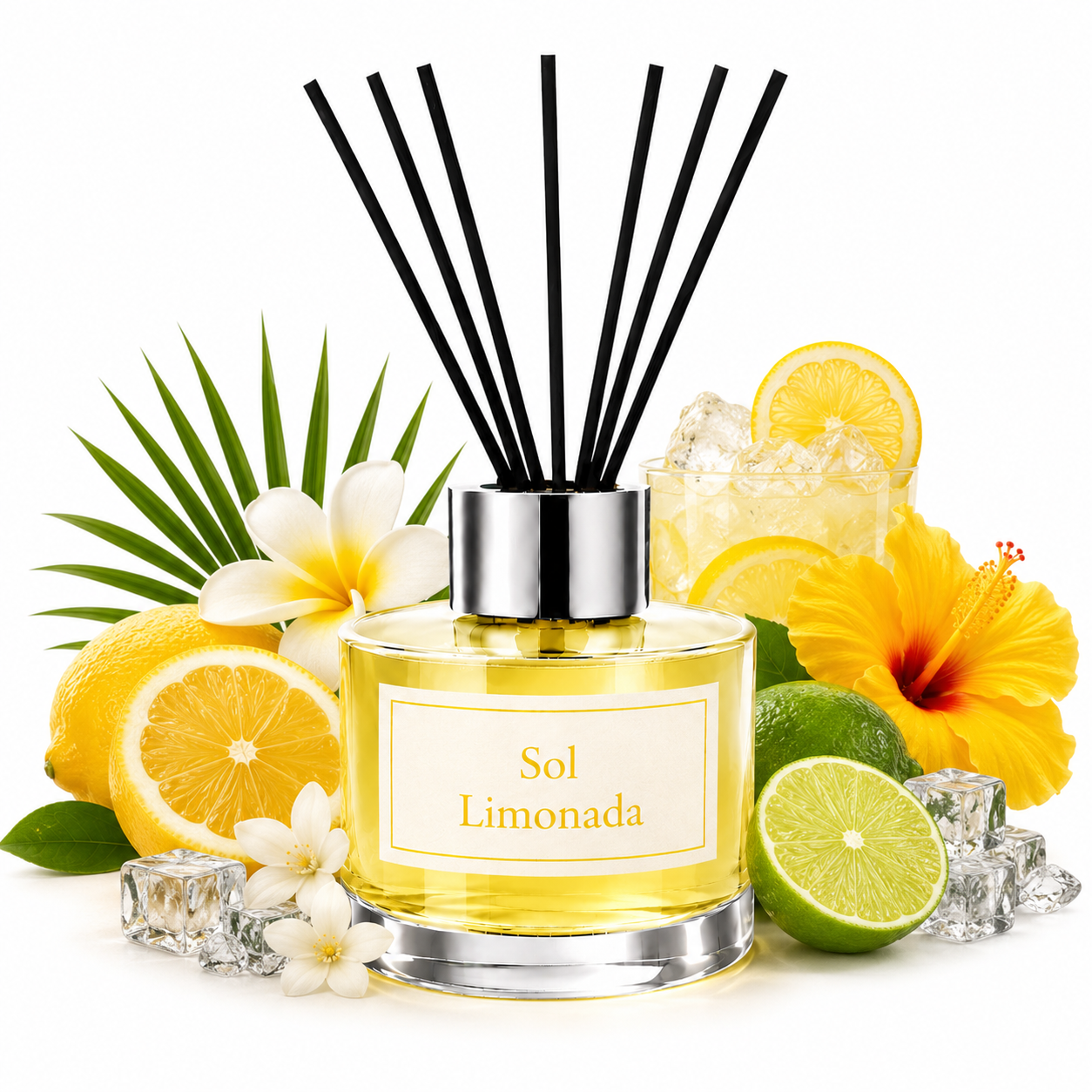 A Sol Limonada reed diffuser bottle filled with yellow liquid, surrounded by lemons, limes, hibiscus flowers, a palm leaf, and ice cubes on a white background.