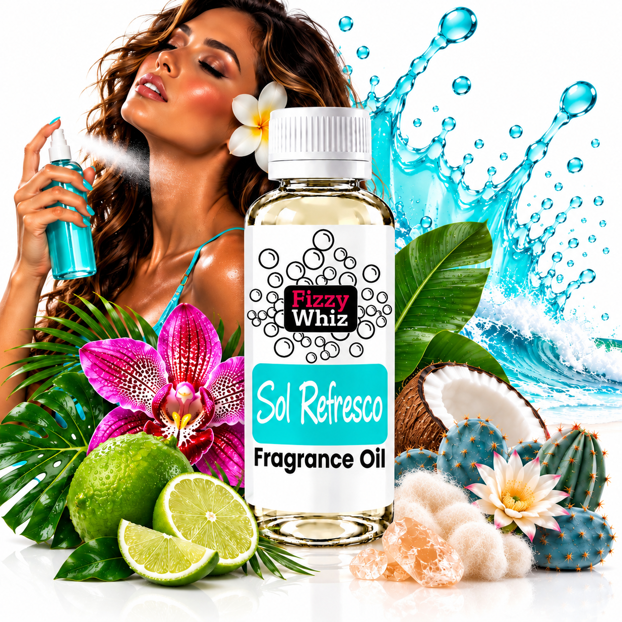 A bottle of Fizzy Whiz Sol Refresco Fragrance Oil centered in a styled studio composition with a woman spraying perfume, tropical leaves, limes, flowers, a coconut, and water splash graphics on a white background.