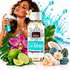 A bottle of Fizzy Whiz Sol Refresco Fragrance Oil centered in a styled studio composition with a woman spraying perfume, tropical leaves, limes, flowers, a coconut, and water splash graphics on a white background.