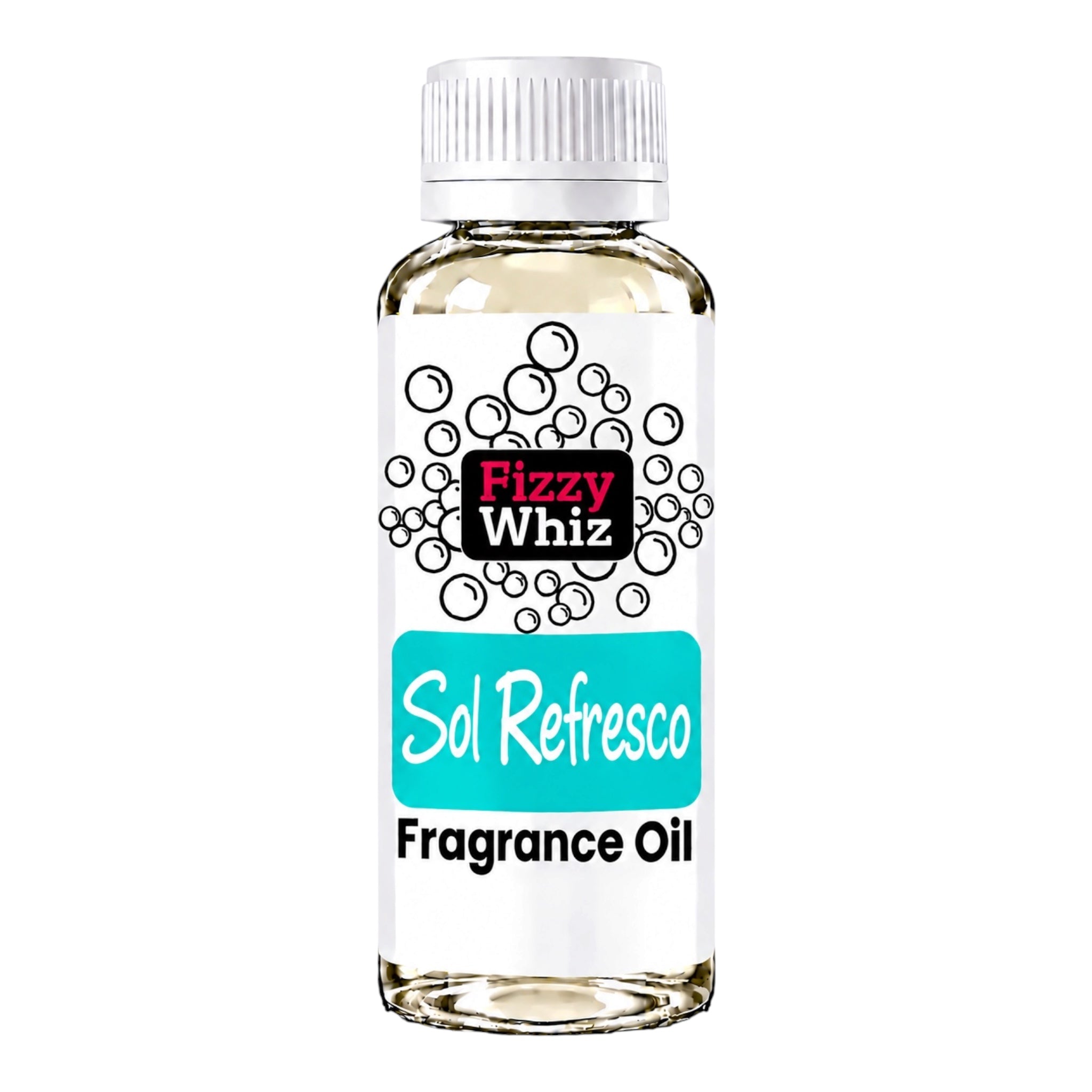 A bottle of Fizzy Whiz Sol Refresco Fragrance Oil on a solid white background. The bottle is made of clear glass showing the pale yellow liquid inside, has a white ribbed cap, and a white label with black bubble graphics, a black 'Fizzy Whiz' logo, and a bright turquoise blue banner with 'Sol Refresco' written in white script.