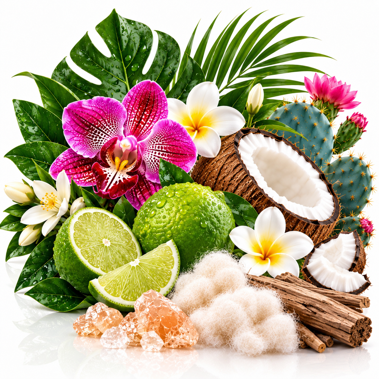 A tropical-themed still life arrangement featuring a halved coconut, green limes, white plumeria flowers, a bright pink orchid, green palm and monstera leaves, pink cactus pads, wood bark, white fluffy cotton, and pink crystal stones on a white background.