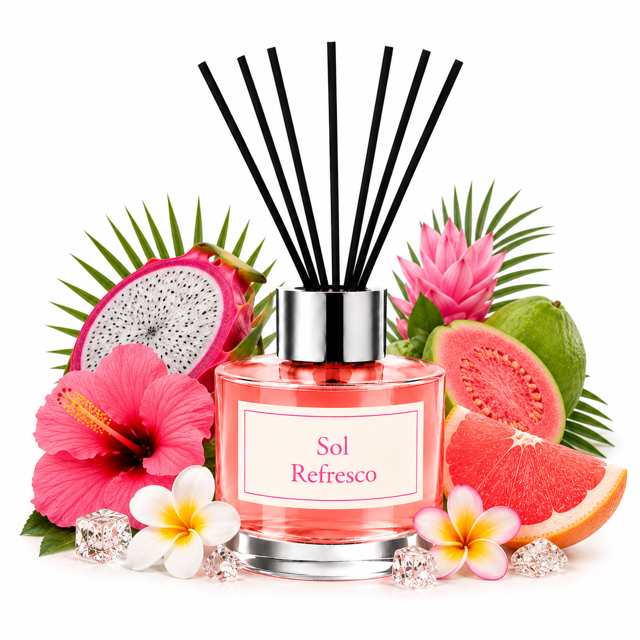 A reed diffuser bottle labeled 'Sol Refresco' with pink liquid and black reeds, surrounded by tropical fruits, flowers, and leaves on a white background.