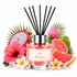 A reed diffuser bottle labeled 'Sol Refresco' with pink liquid and black reeds, surrounded by tropical fruits, flowers, and leaves on a white background.